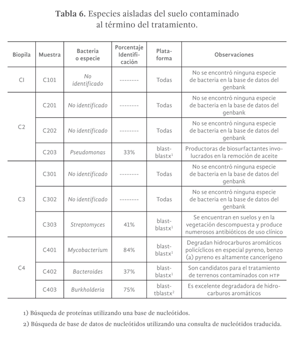 Tabla 6. Especies aisladas del suelo contaminado al término del tratamiento